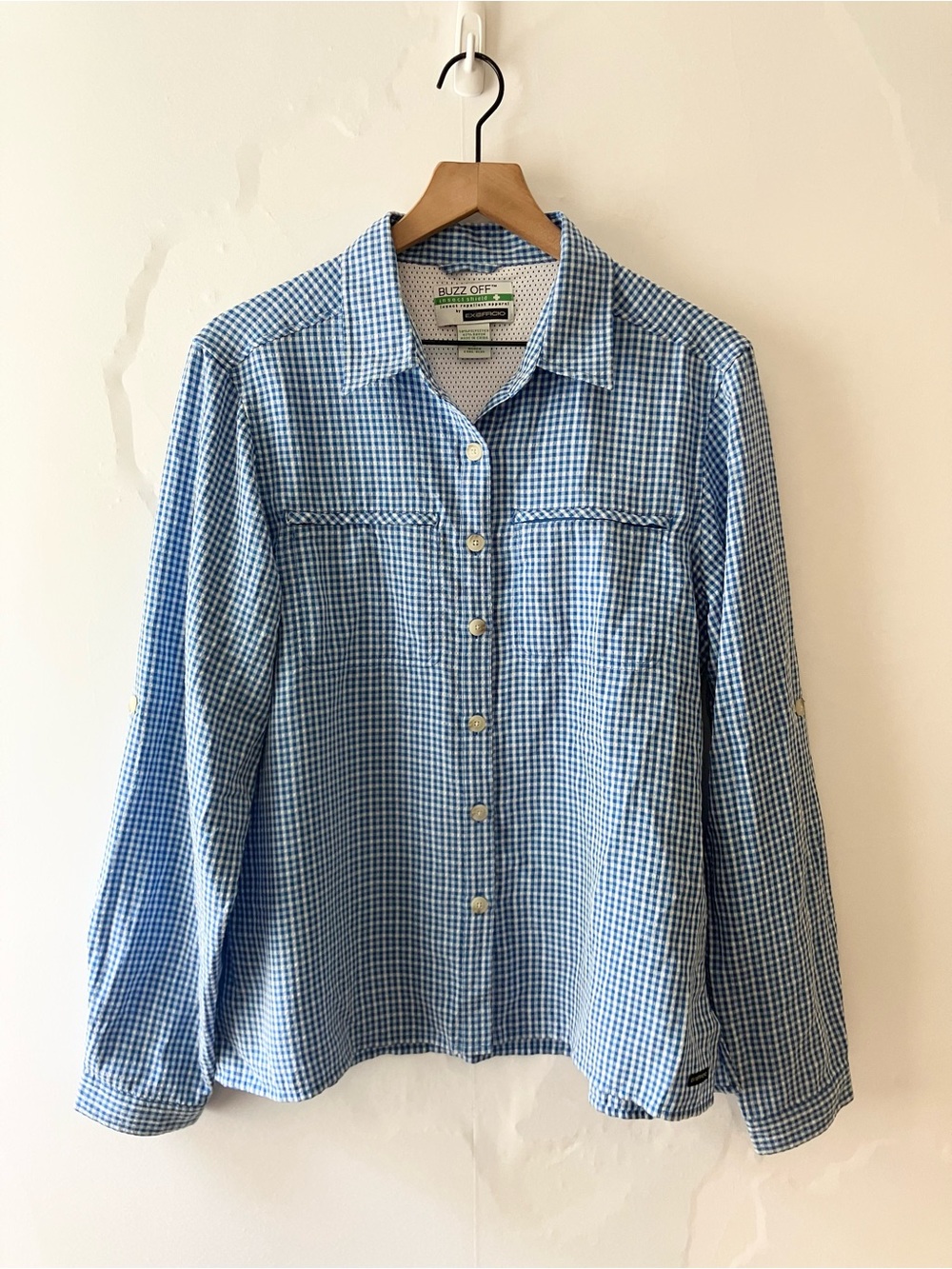 EXOFFICIO Buzz Off Blue Gingham Button Up Top